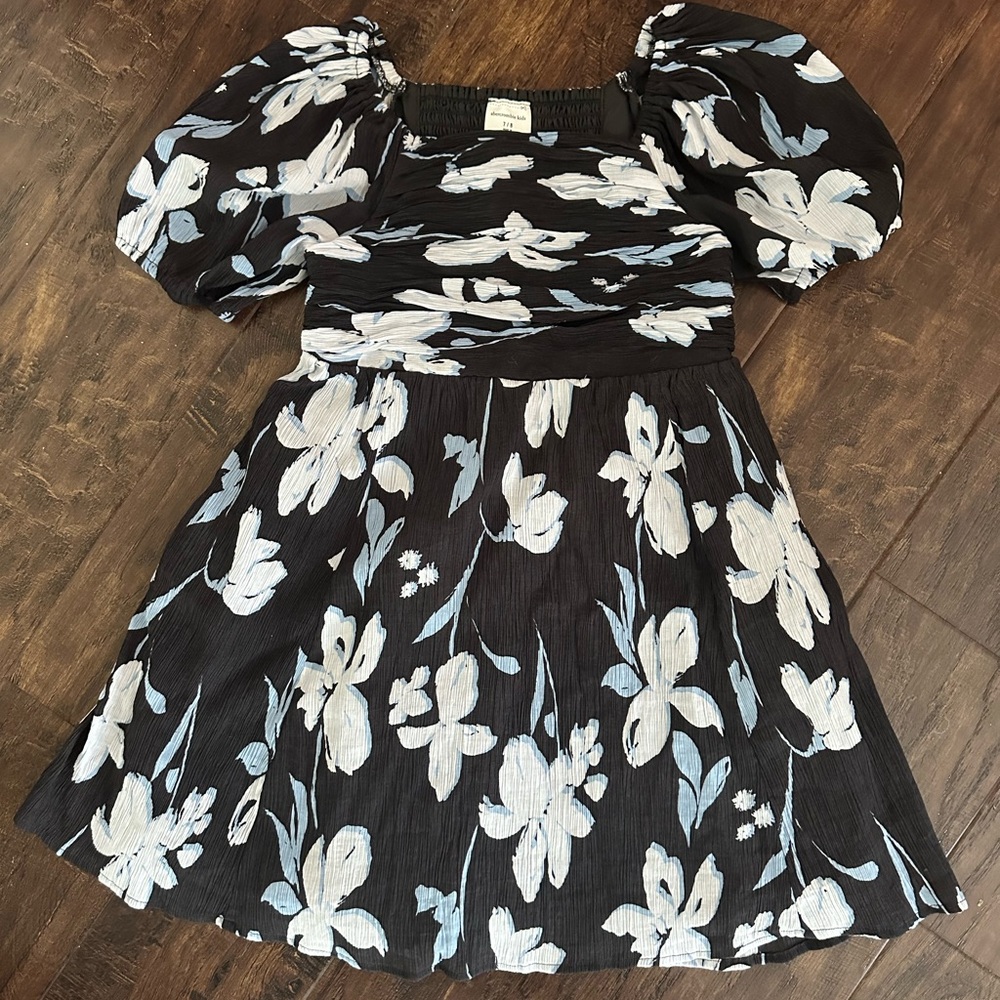 abercrombie kids black Dress with White and Light Blue Floral Print